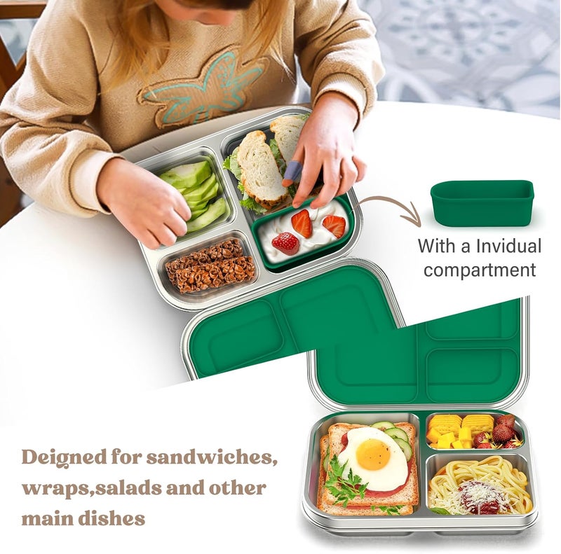 BABHAMNESS Stainless Steel Bento Box Kids, 3 Compartments Leak Proof Metal Bento Lunch Box, 304 Stainless Steel Bento Lunch Containers for School and Office,Dishwasher Safe, BPA-Free-Green - Image 2